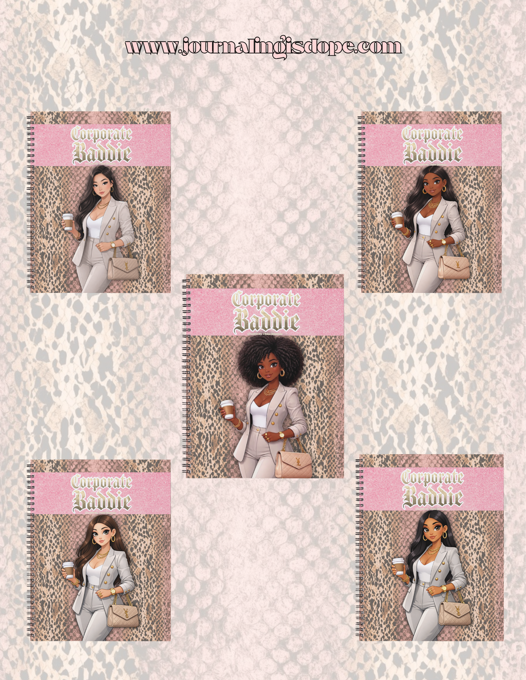 Set of five notebooks with a woman in professional attire on a patterned background