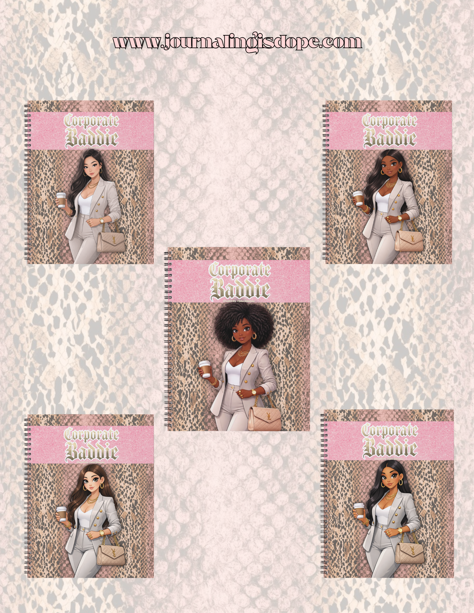 Set of five notebooks with a woman in professional attire on a patterned background